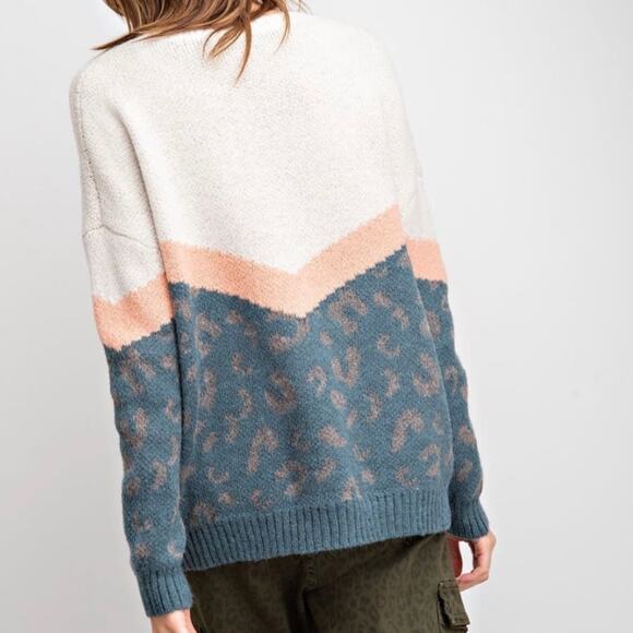 Easel Sweater Womens S Colorblock Teal White Leopard Fuzzy Oversized Boho Cozy - Picture 3 of 7